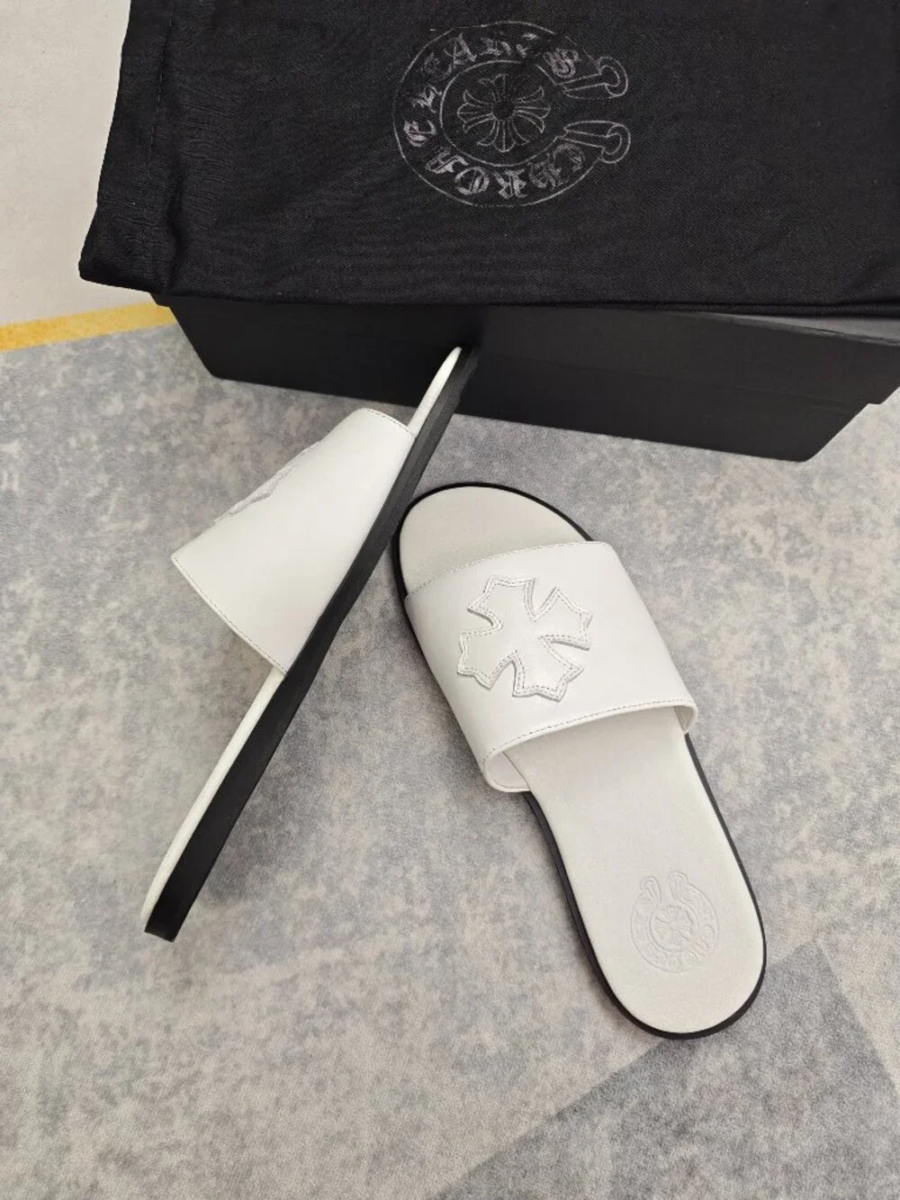 Chrome Hearts White Leather Plus Patch Slides, Cross Logo Sandals